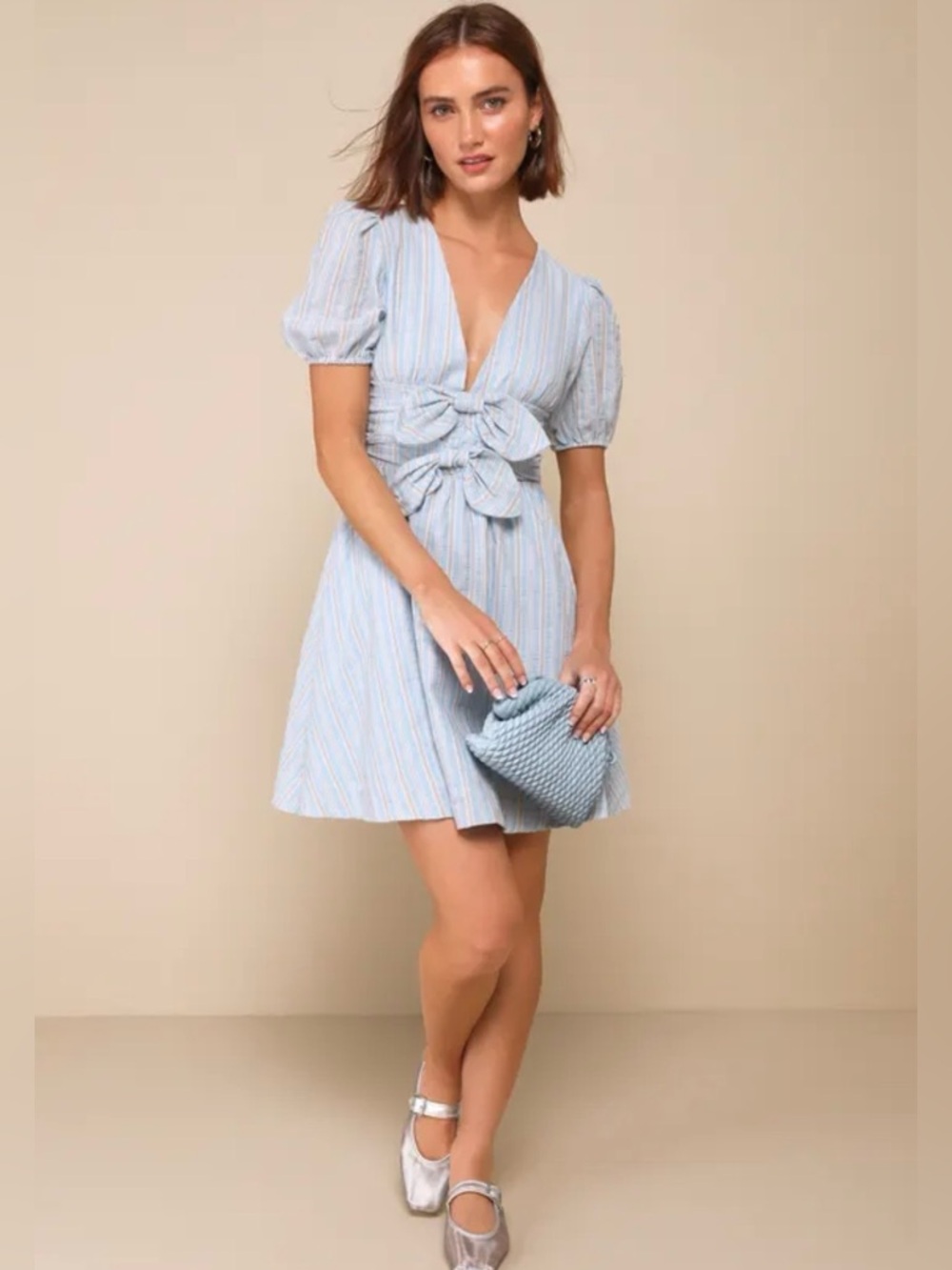 B. Right Blue Coquette Dainty Dress Puff Sleeve Smocked Waist Babydoll Mini M